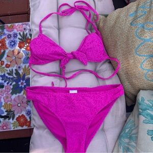Hot Pink Floral Bikini- XL top, L Bottoms